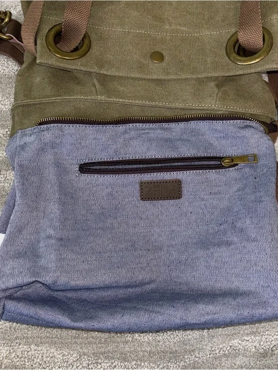 ZEDE Paris Pont Des Arts Mini Olive Canvas Leather Bag Tote W Crossbody Strap - Picture 14 of 15